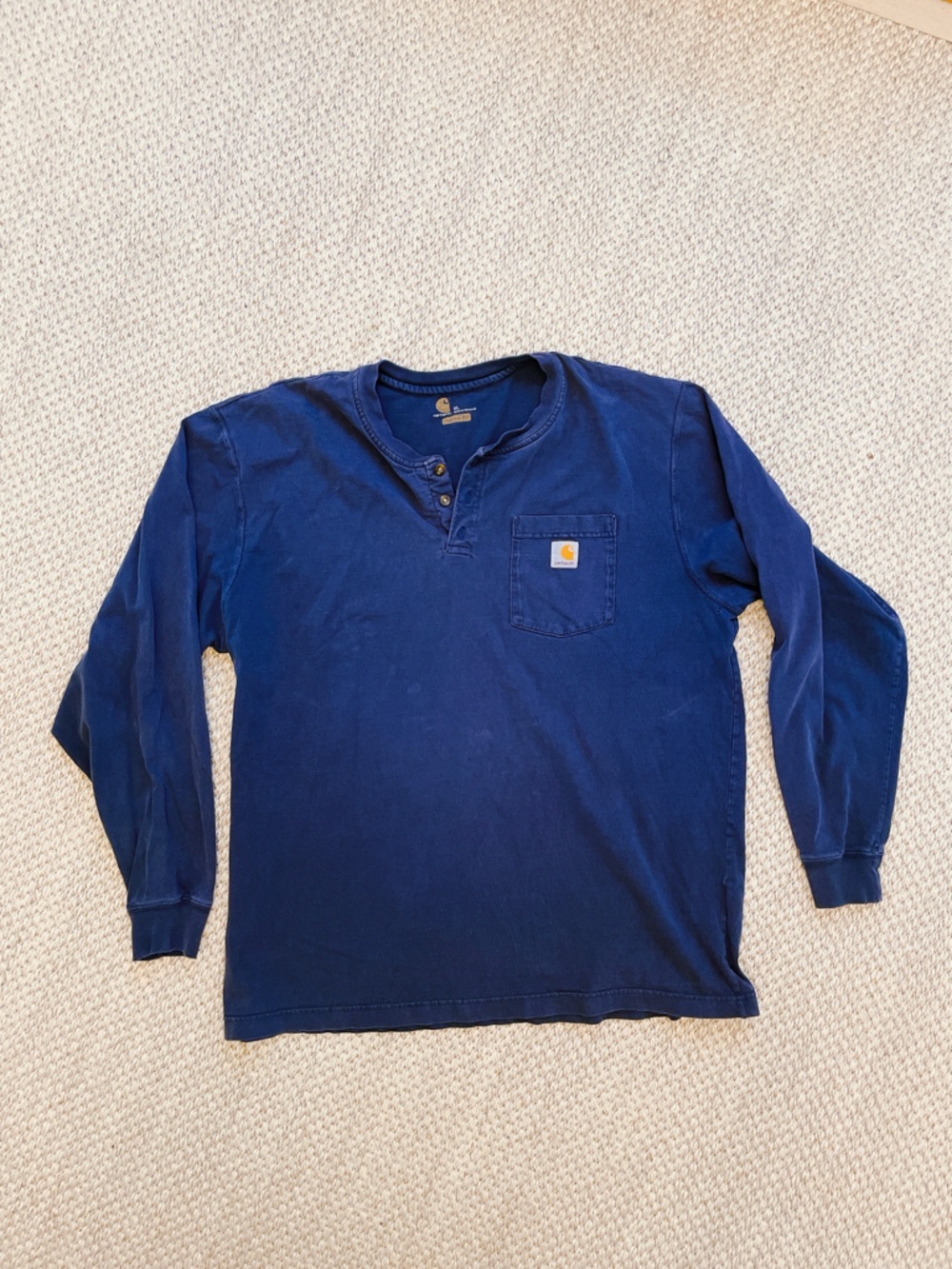 Carhartt Men Henley NavyBlu Long Sleeve XL Original K128 Work Shirt Front Pocket